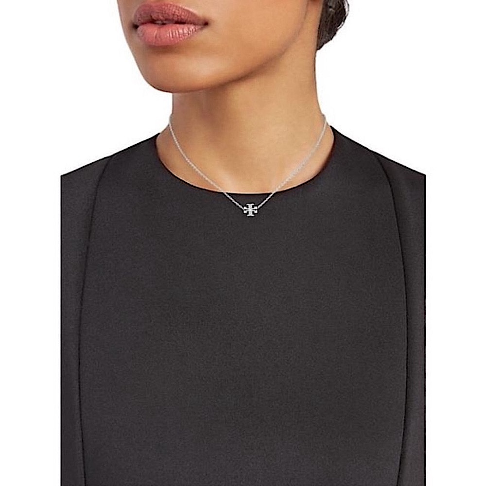 TORY BURCH • Silver Kira Logo Charm Pendant Necklace - Picture 2 of 6